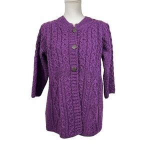 Kilronan Knitwear Cardigan 100% Merino Wool PurpleCable Knit Made In Ireland